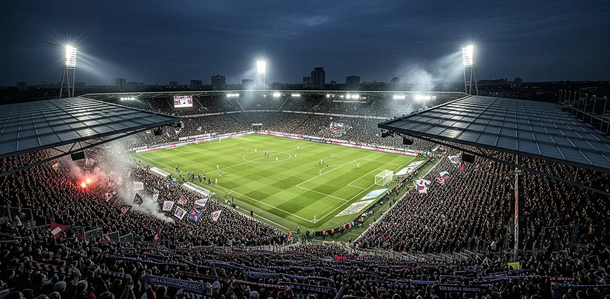 Ausverkauftes Bundesliga-Stadion bei Abendstimmung mit spektakulärer Flutlichtbeleuchtung