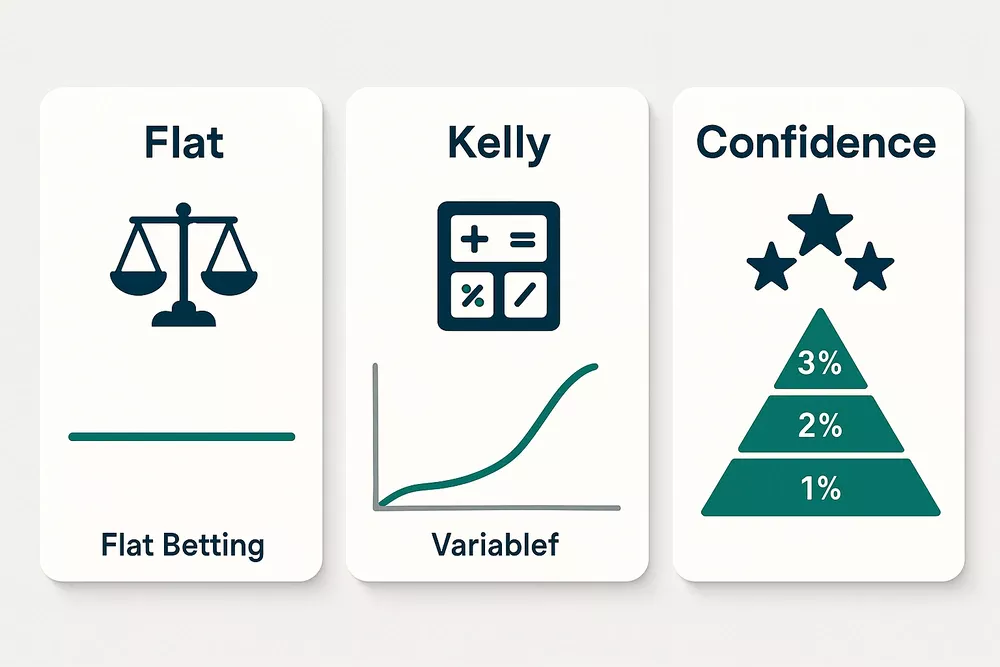 Vergleich der drei bewährten Wett-Systeme - Flat Betting, Kelly Criterion und Confidence Levels für erfolgreiches Bankroll Management