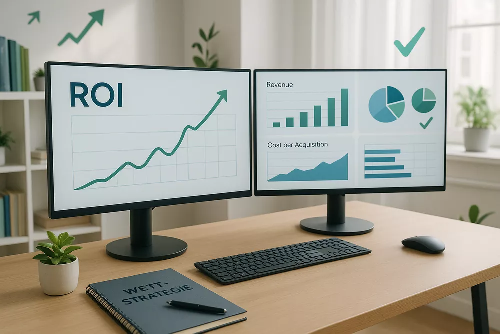 Professioneller Arbeitsplatz mit Wettanalyse-Dashboard und erfolgreicher ROI-Statistik