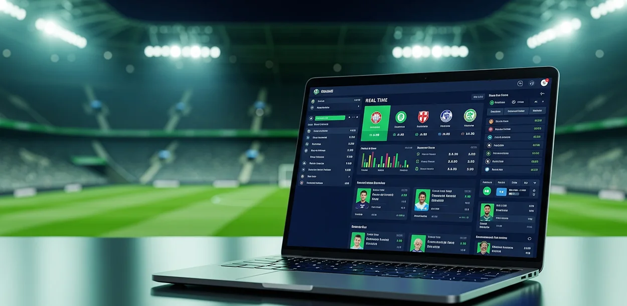 Professionelle Fußballwetten Analyse mit Laptop und Stadion im Hintergrund