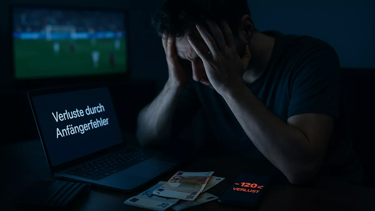 Verzweifelter Mann vor Laptop nach Wettverlusten - die häufigsten Anfängerfehler bei Fußballwetten