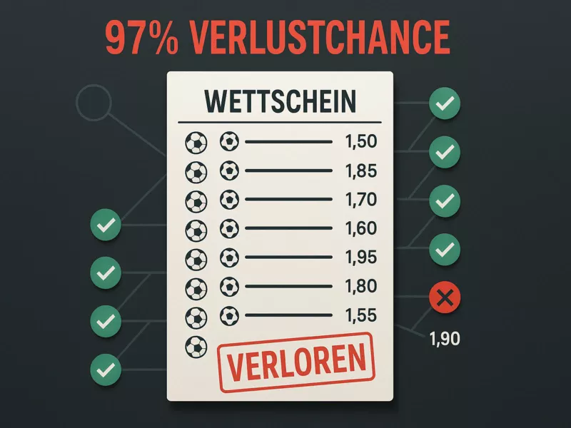 Infografik zeigt Kombiwetten-Risiko mit 97% Verlustchance - mathematische Darstellung des Anfängerfehlers