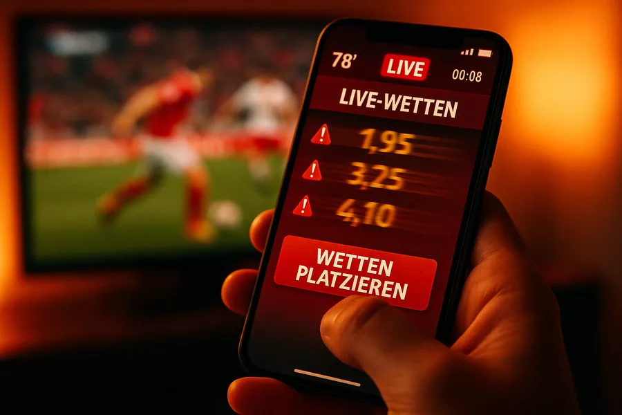 Smartphone mit Live-Wetten-App zeigt die Gefahr impulsiver Entscheidungen während des Spiels