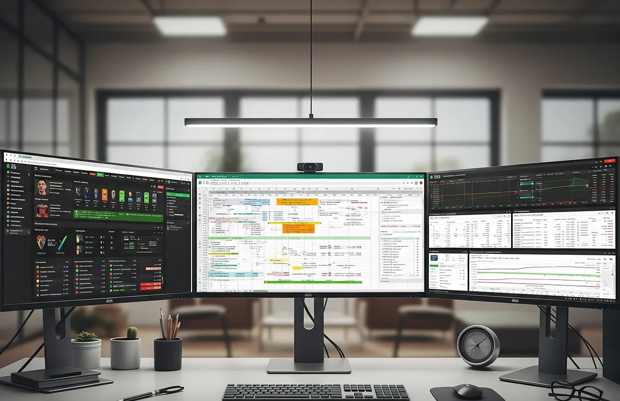 Arbeitsplatz mit mehreren Monitoren zeigt Fußballstatistiken und Analysetools
