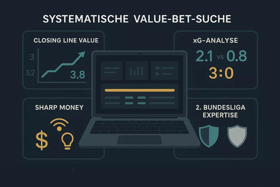 Systematischer Prozess zur Identifizierung von Value Bets mit Statistiken, xG-Daten und Quotenanalyse auf Laptop
