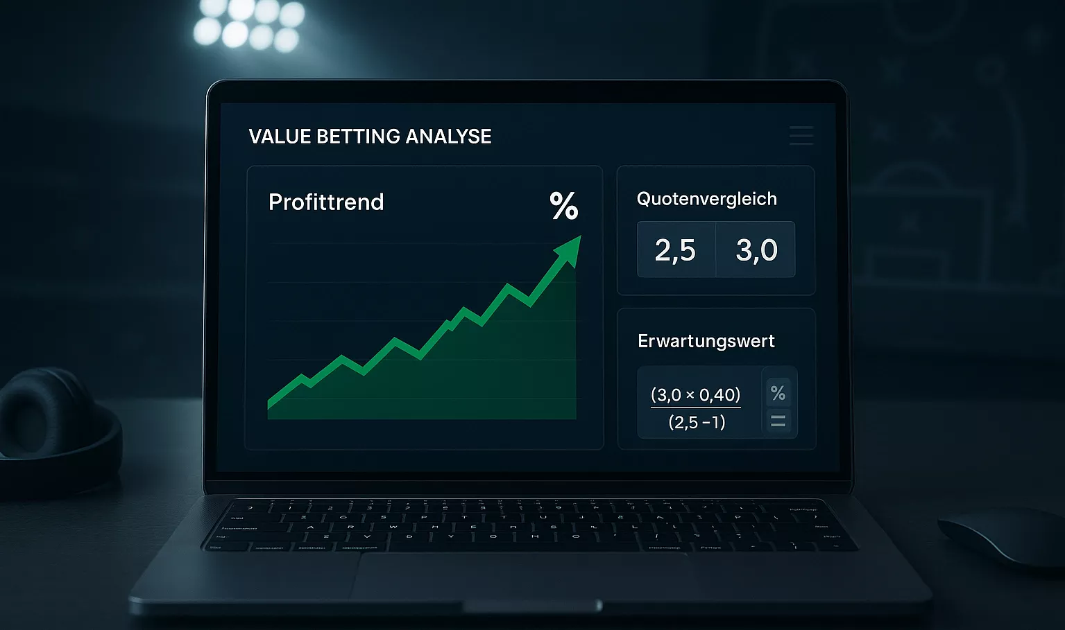 Value Betting Strategie beim Fußball mit mathematischen Formeln und Statistiken auf einem modernen Dashboard